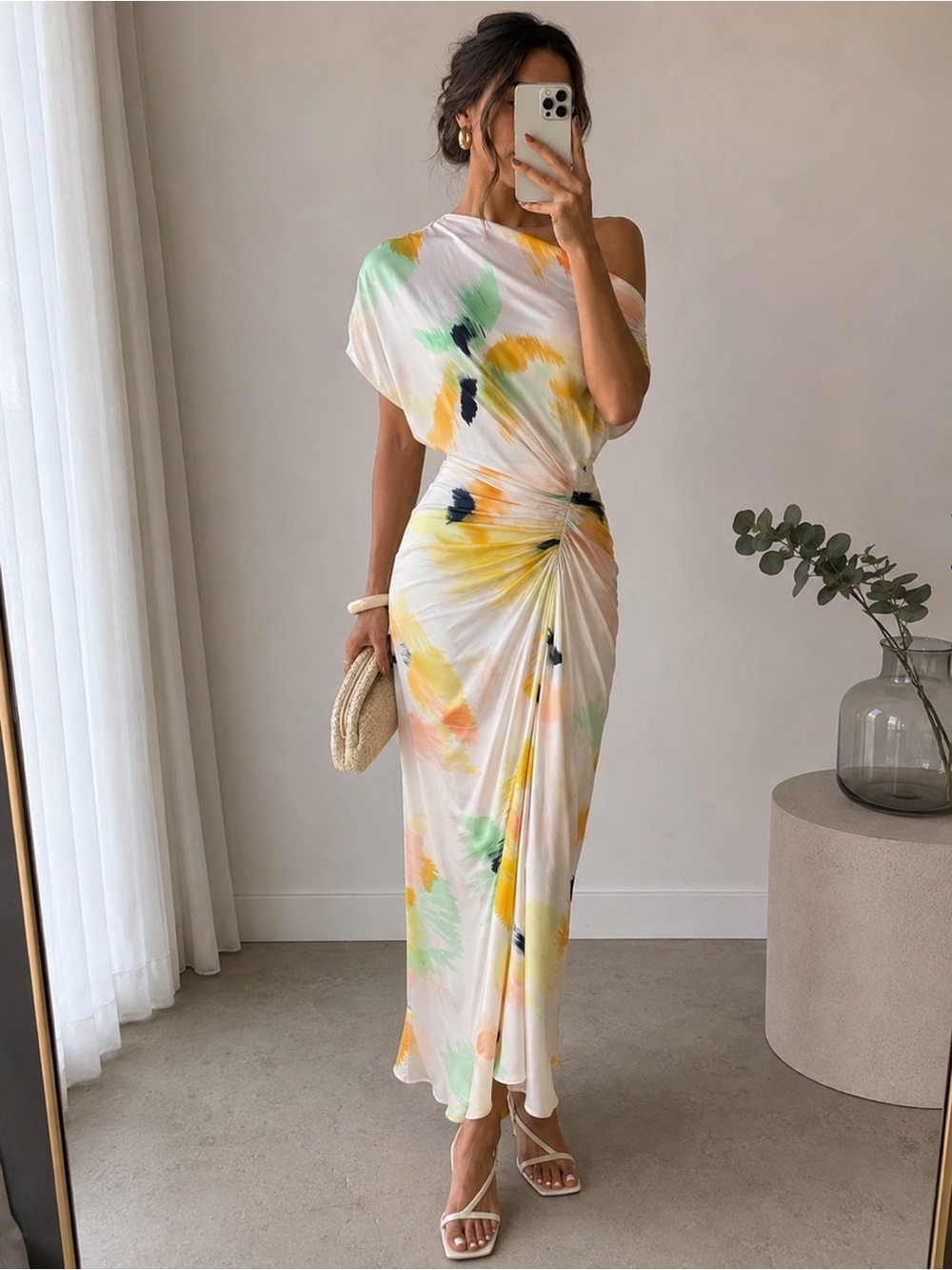 A.L.C One Shoulder Abstract Print Ruched Maxi Dress Size 0 Multicolor Silk Blend
